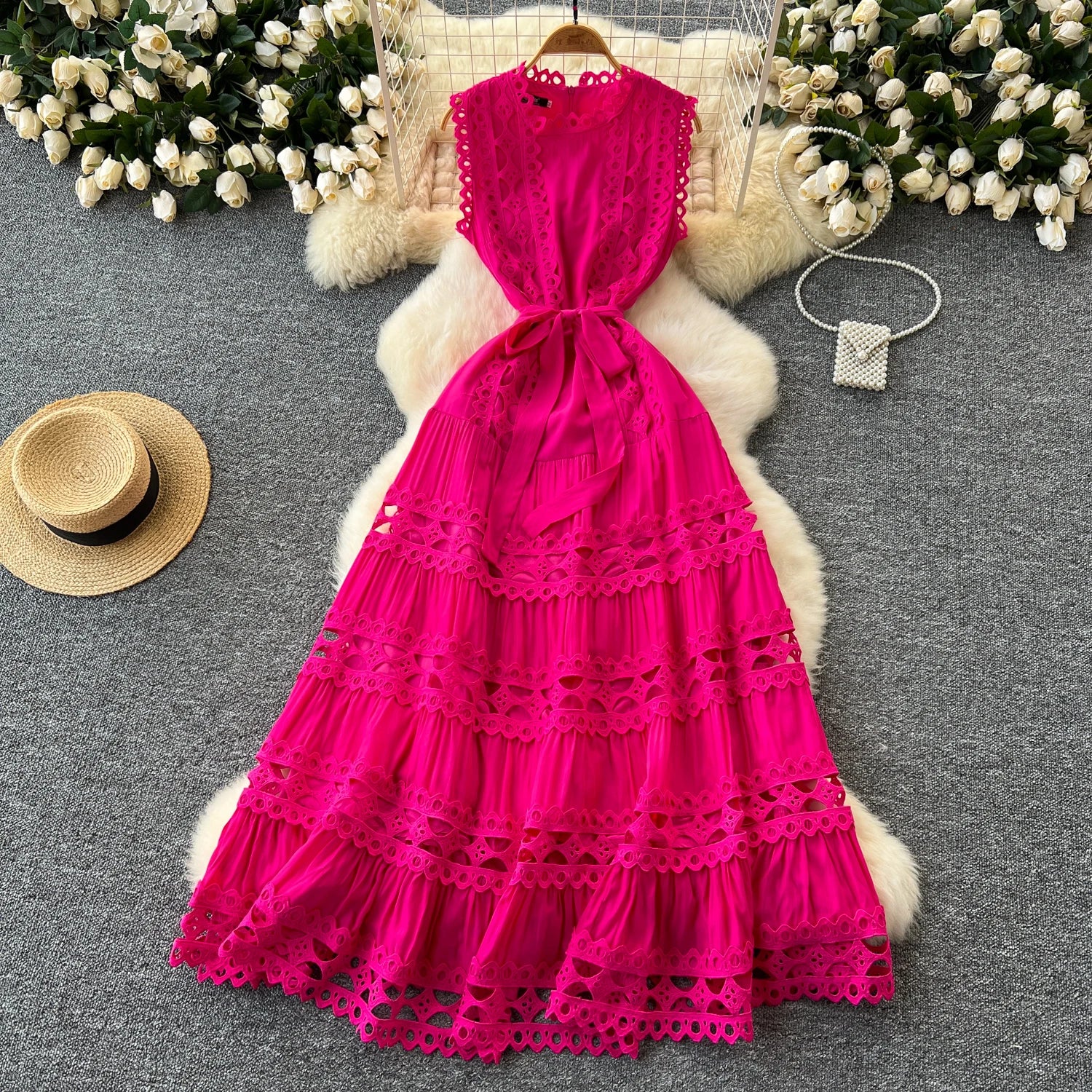 Sexy Hollow Out Embroidery O Neck Sleeveless Bandage Long Dresses Chic Evening Party Summer Vestidos Women Hip Wrap Clothing