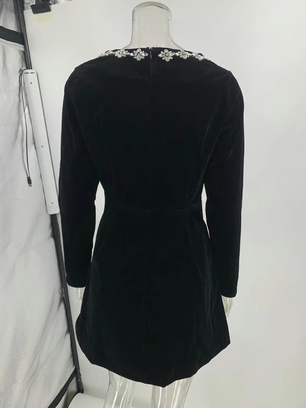 European and American Temperament Square Collar Diamond Setting Velvet Dress, Women's Spring Solid Color Long Sleeve Short Dress