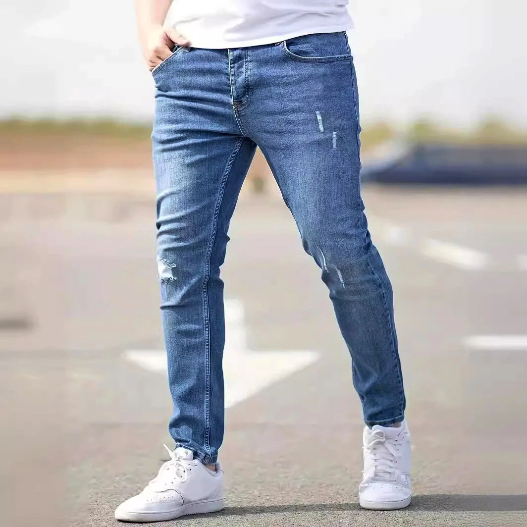 2026 Spring Men's Distressed Skinny Jeans Vintage Wash Elastic Biker Holes Casual Slim Fit Streetwear Denim Pencil Pants Joggers
