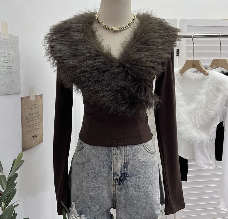 ISAROSE Big Artificial Fur Collar T-shirt for Women Y2K Solid Color V Neck Spring Autumn Sanded Fabric Lining Short Slim Tops