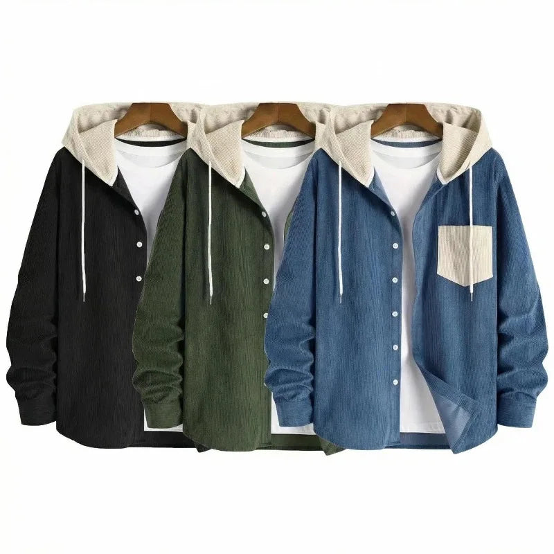 New Men's Corduroy Hoodie Shirt Long Sleeve Casual Streetwear Pocket Splicing Color Block Loose Fit Tops Autumn Spring Coats