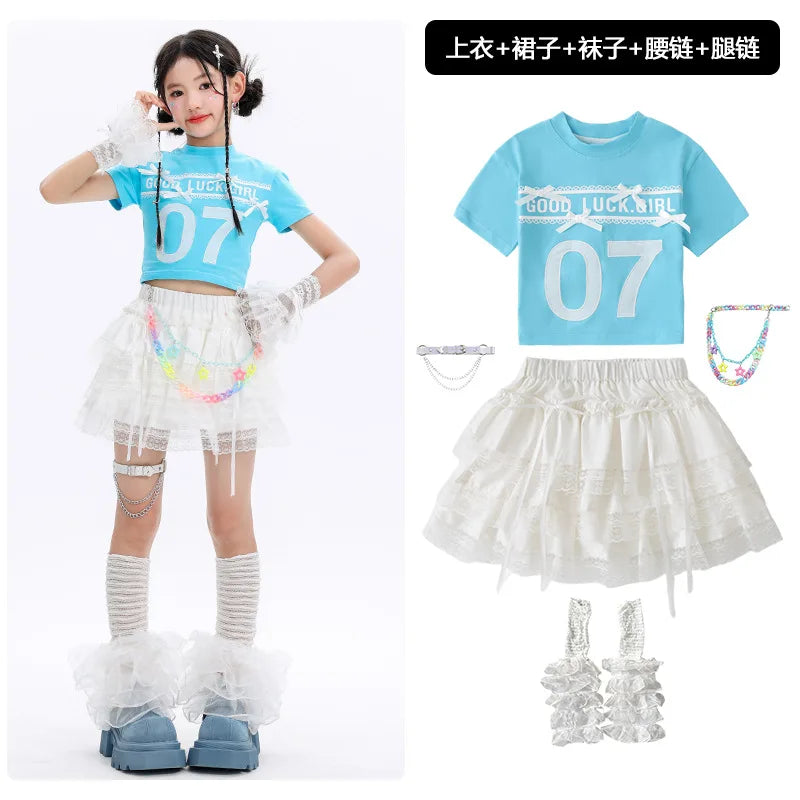Kid Cute Hip Hop Clothing BLue Crop T Shirt Sleeves White Layered Lace Pleated Mini Skirt for Girls Jazz Dance Costume Clothes