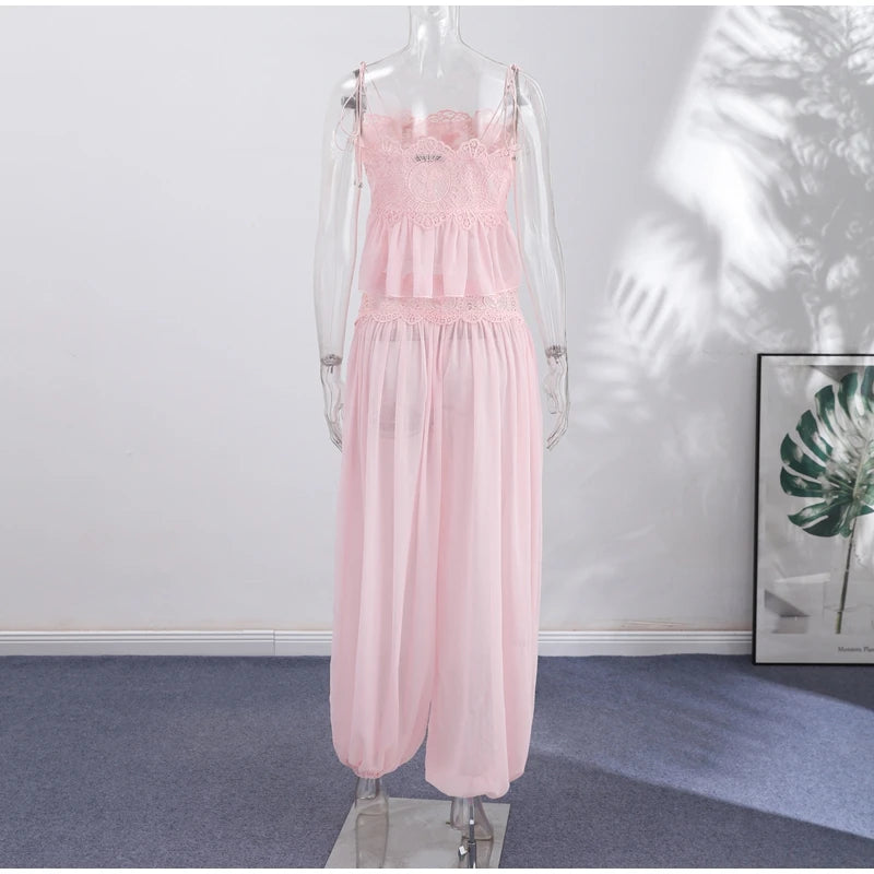 Women Elegant Lace Long Pant Set Square Neck Sheer Ruffle Hem Crop Cami Top High Waist Wide Leg Trousers 2026 Summer Chic Suit
