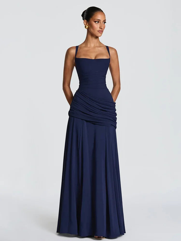 Elegant Solid Pleated Sling Dress Women Sexy Square Neck Sleeveless High Waist Slim Maxi Dresses 2026 Lady Party Evening Robe