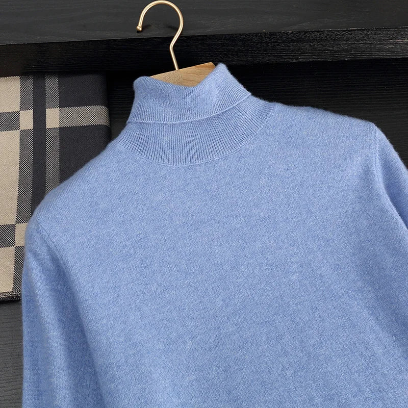 Autumn/Winter Men's 100% Cashmere Pullover Business Casual Solid Knitted Sweater Loose High Collar Tops Basic Thick Warm Jumper