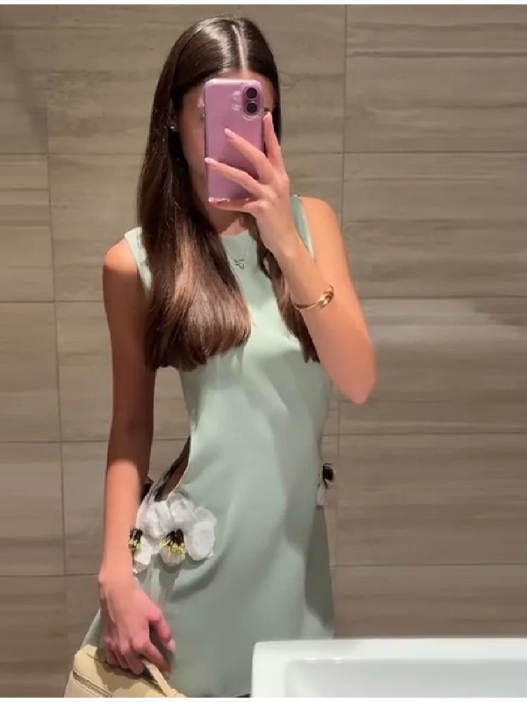 Women's Elegant 3d Flower Sleeveless Mini Dress Lady Light Green Vacation Party Dresses Stylish Female New Trend Summer Clothes