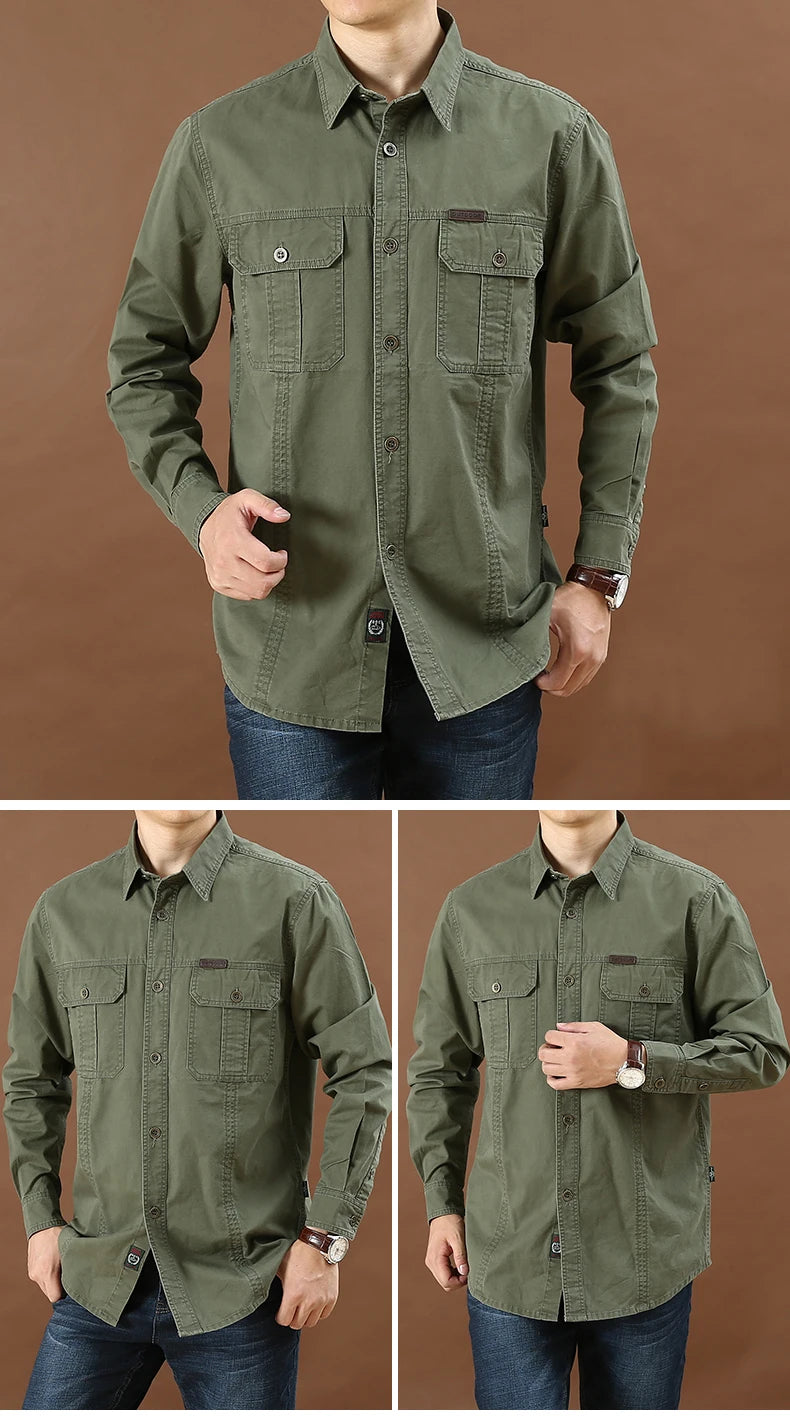 100% Cotton High Quality Spring Fall Fashion Men's Long-Sleeve Solid Color Casual Shirt Multi Pocket 6XL Large Size Cargo Jacket