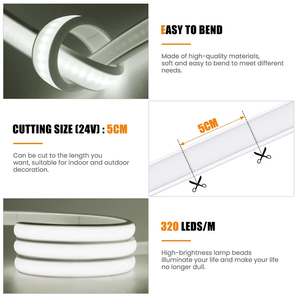 Solar Strip Ligh 24V COB Solar Neon Light Strips Waterproof IP65 Flexible Warm White High Density Linear Lighting COB LED Lights
