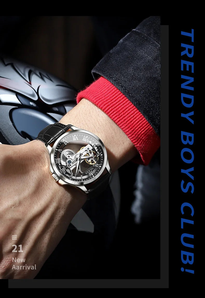 OLEVS Couple Watches Original Fully Transparent Skeleton Automatic Mechanical Watches For Men Women Lover's Gift Luxury Watches