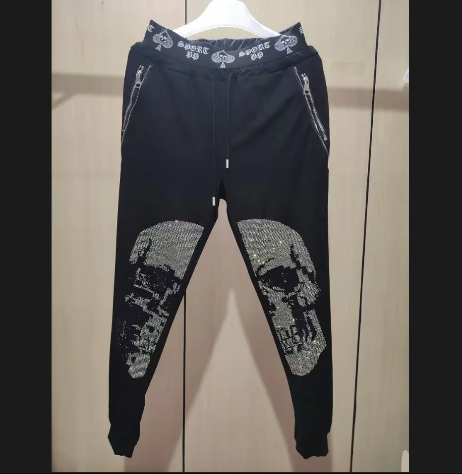 2025 Summer New Luxury Men's Fashion Skull Design Rhinestones T-Shirt Pure Cotton Crew-Neck Casual High Quality