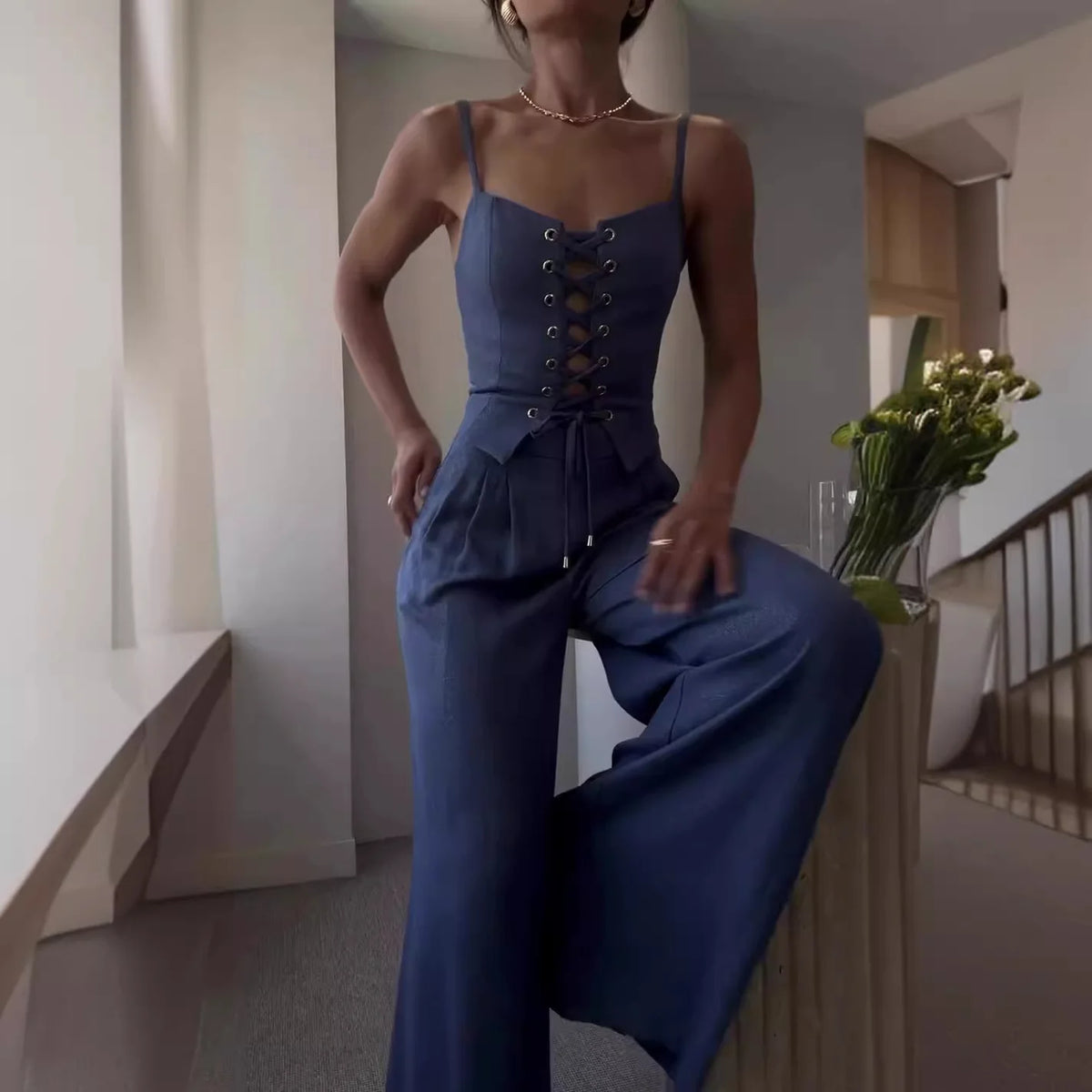 Summer Leisure High Street Outfit Office Lady Solid Color Slim Two Piece Set Chic Sleeveless Bandage Tank Tops&Pocket Pants Suit