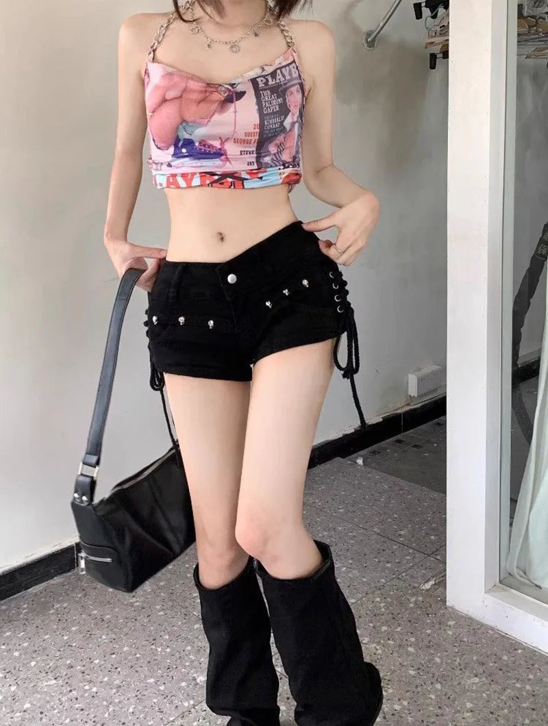 Black Gothic Punk Denim Shorts For Women Creativity Lace-up Popular Y2k Cowboy Short Pants Lady Sexy Skinny Elastic Jean Shorts