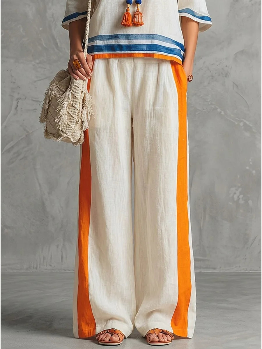 Women Boho 2 Piece Outfit Striped Trim Short Sleeve Tops Wide Leg Pants Summer Linen Casual Two Piece Set Vacation Suit