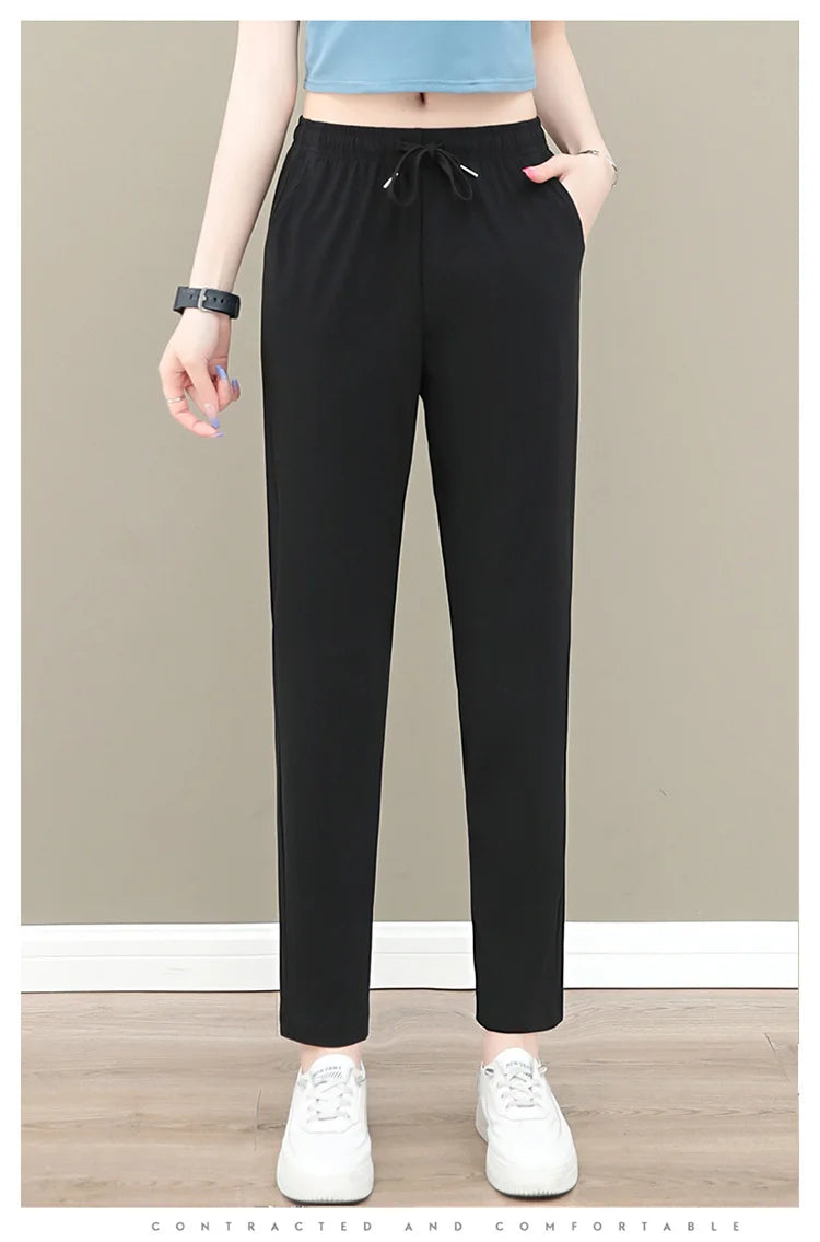 New Women'S Fashion Loose Summer Thin Ice Silk Pants Mom'S Casual High Waist Comfortable Versatile Sports 9-Point Trousers