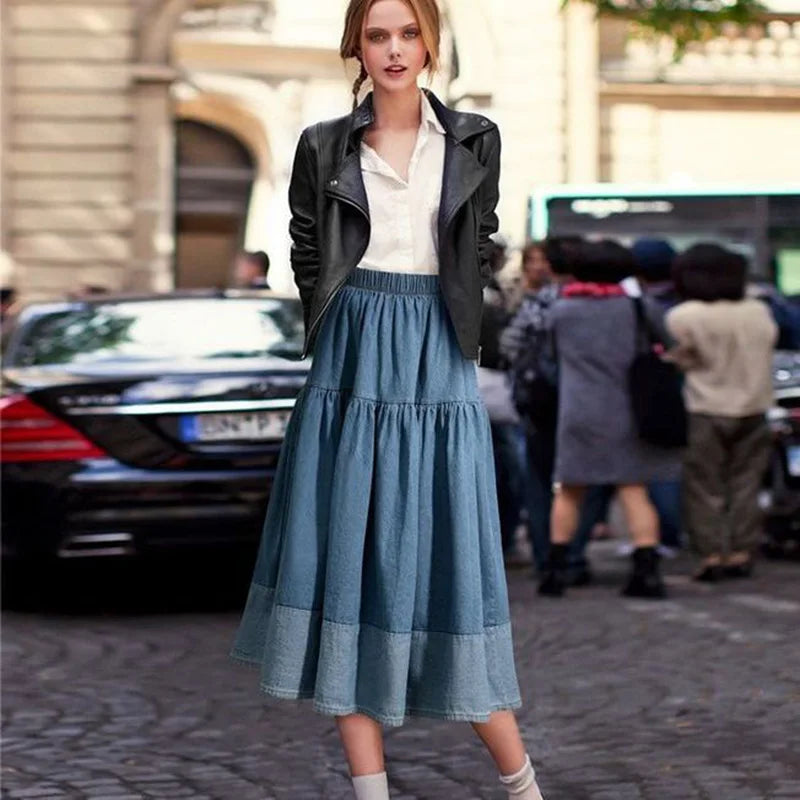 Blue Denim Skirt Womens High Waist Tiered Long Skirts Denim Elastic Casual Dress Elastic Waist A Line Jeans Skirt Girls Clothes