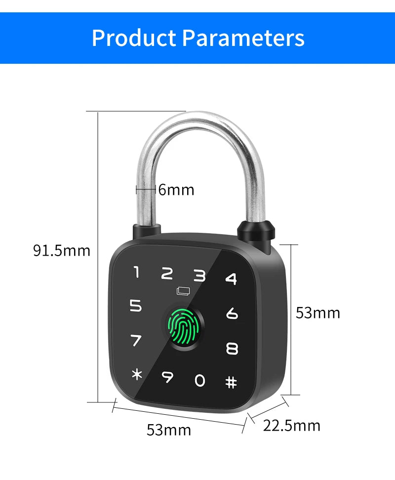 IP67 Smart Padlock Support Tuya App Fingerprint Password RFID Card Key Unlock Type-C Charging Multi-function Anti-theft Lock