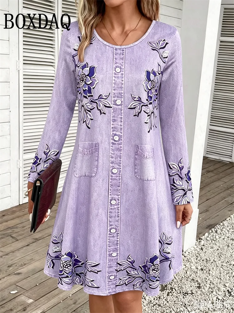 2026 Women's Casual Floral Imitation Denim 3D Print Dress Fashion Round Neck Autumn Loose A-Line Dress Long Sleeve Women's Dress