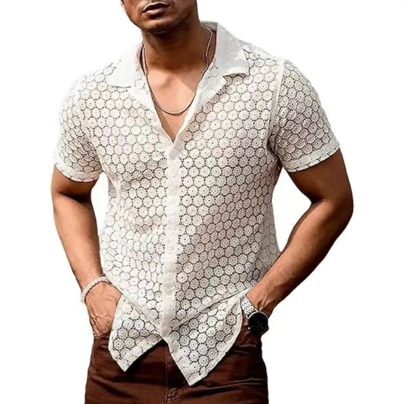 Spring/Summer Men's Fashion Lace Short-sleeved Shirt Party Club Sexy Hollowed-out See-through Shirt Casual Street Men's Clothing