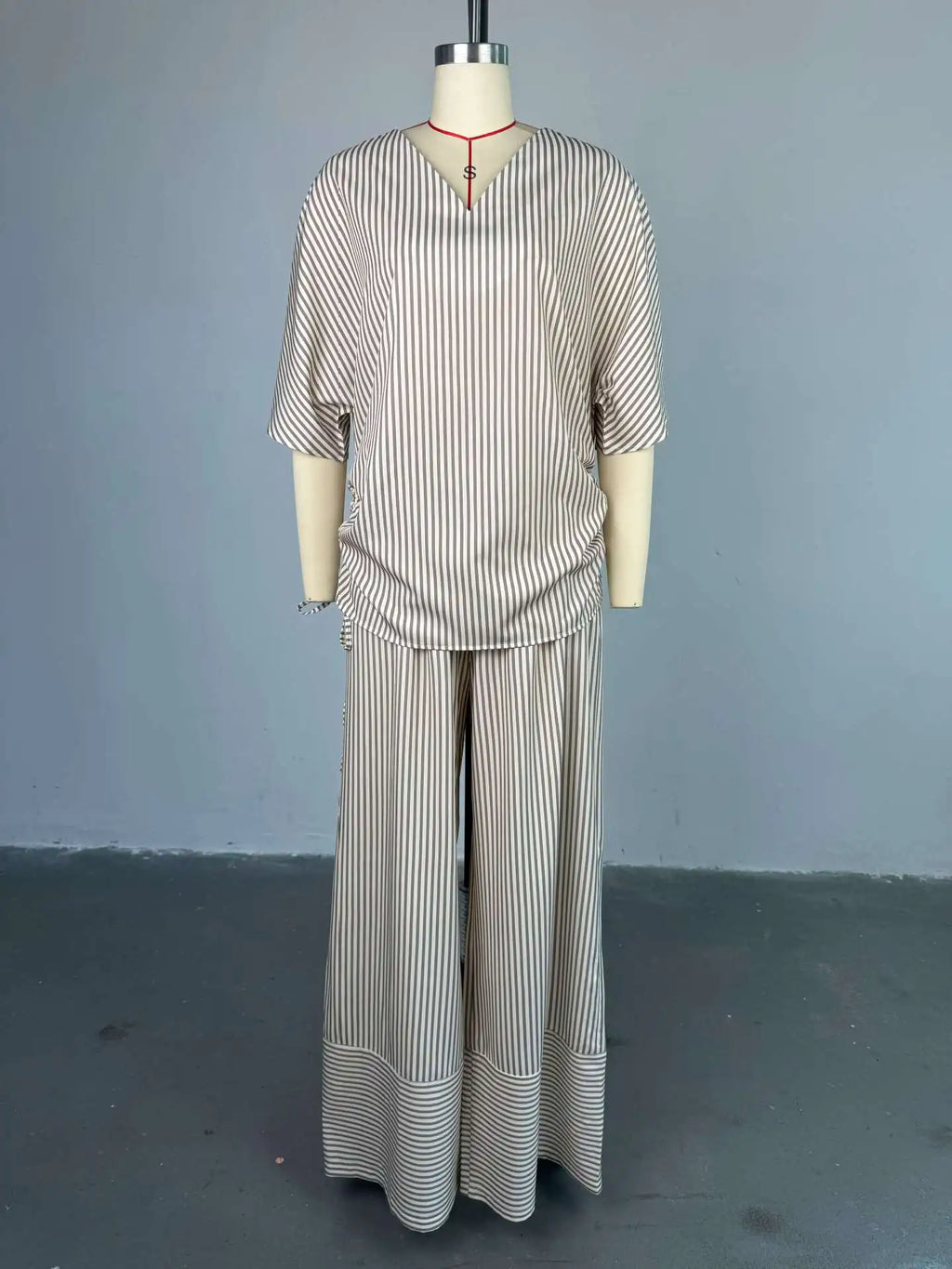 Pant Set Women Two Piece Sets V Neck Short Sleeve Drawstring Shirt Striped Wide Leg Long Pants Elastic Waist Y2k Streetwear 2026