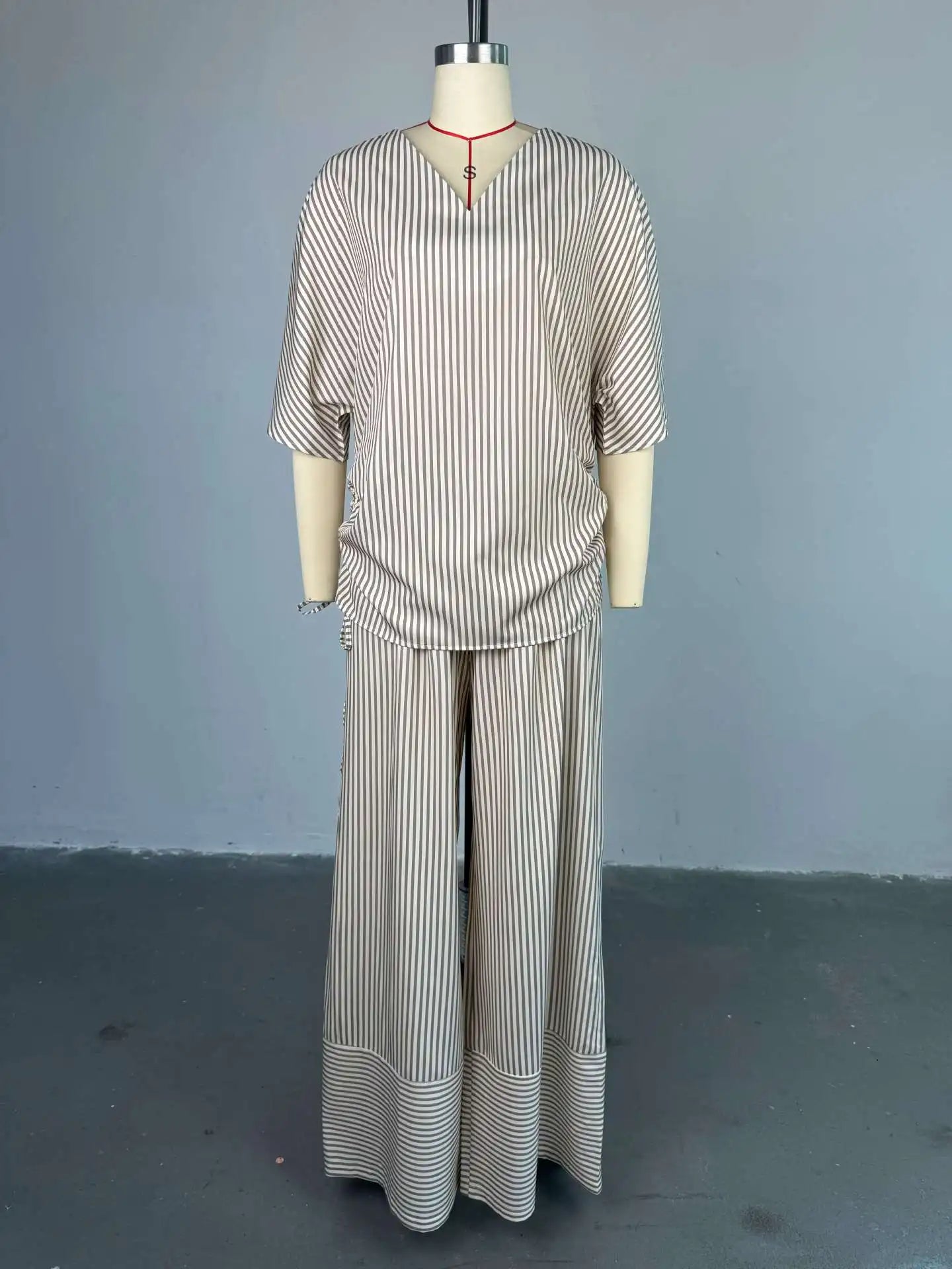 Pant Set Women Two Piece Sets V Neck Short Sleeve Drawstring Shirt Striped Wide Leg Long Pants Elastic Waist Y2k Streetwear 2026