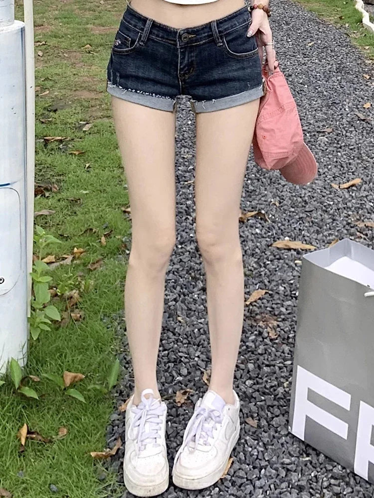 Summer New Women Low Waist Denim Shorts Pants Girls Korean Slim Fit Hot Pants Female Elastic Sexy Deep Blue Hip Wrapping Jeans