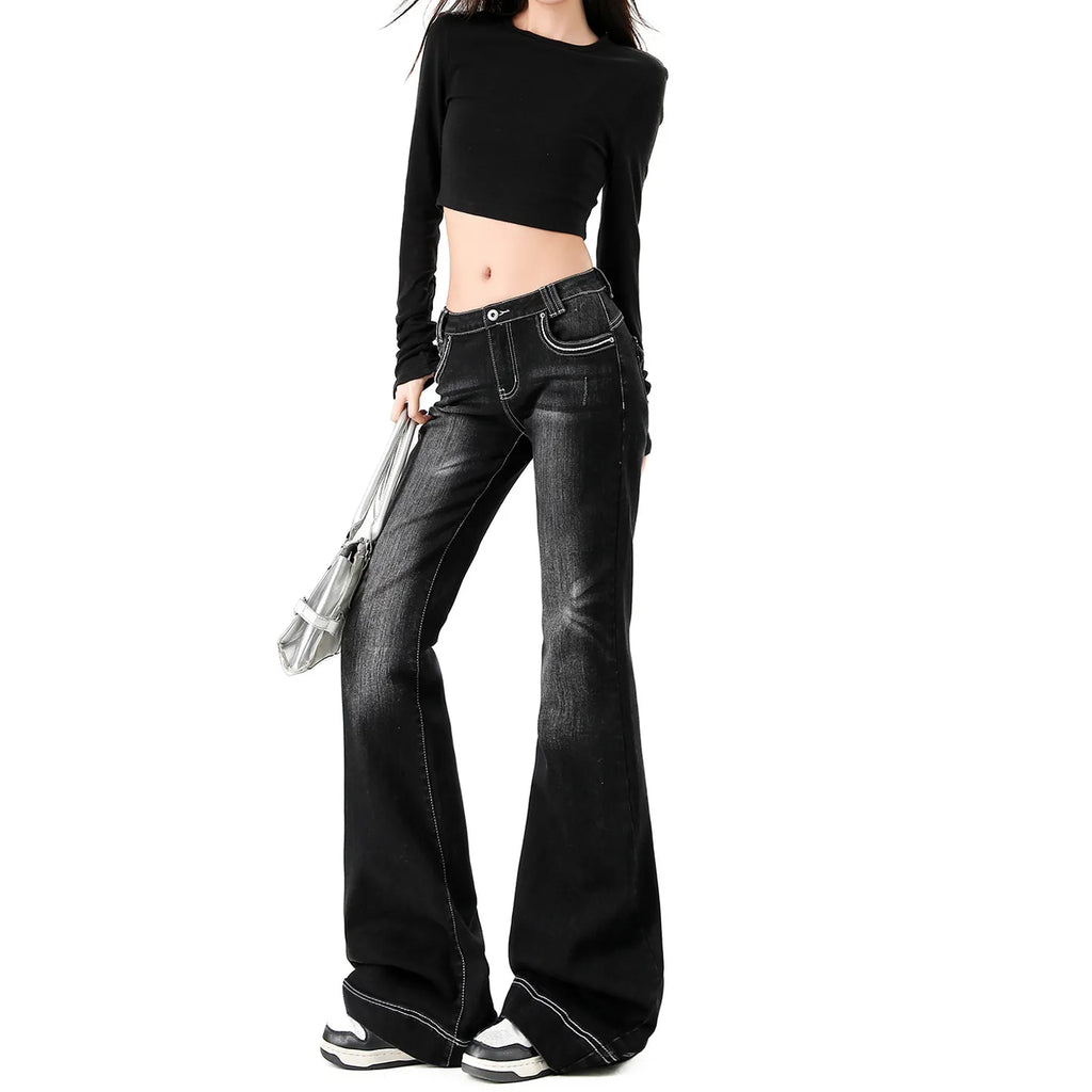 Women Low Rise Flare Jeans Vintage Black Washed Denim Pants Y2K Slim Bell Bottom Trousers Fashion Streetwear Casual Long Pants