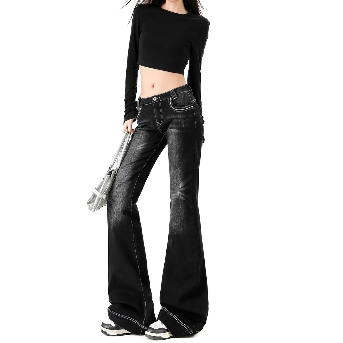 Women Low Rise Flare Jeans Vintage Black Washed Denim Pants Y2K Slim Bell Bottom Trousers Fashion Streetwear Casual Long Pants