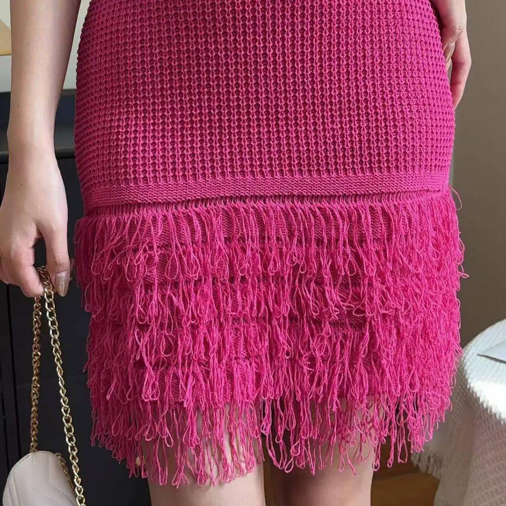 Super Elastic Fashionable Exquisite Versatile Comfortable Tassel Hem Round Neck Sleeveless Crochet Bodycon Dress