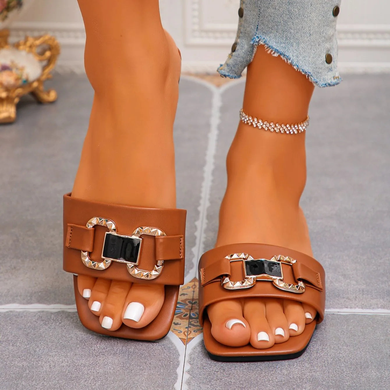 Women Fashion Casual Slippers Summer New Metal Buckle Sandals Square Head Rubber Shoes Women Sexy Slip on Slippers Slides Women
