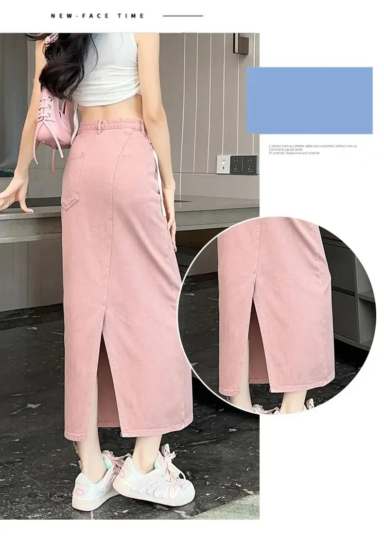 New Summer Women's 100% Cotton Denim Shorts Pink High-waisted Slit Retro Elegant Fashionable Casual Denim Long Skirt Female