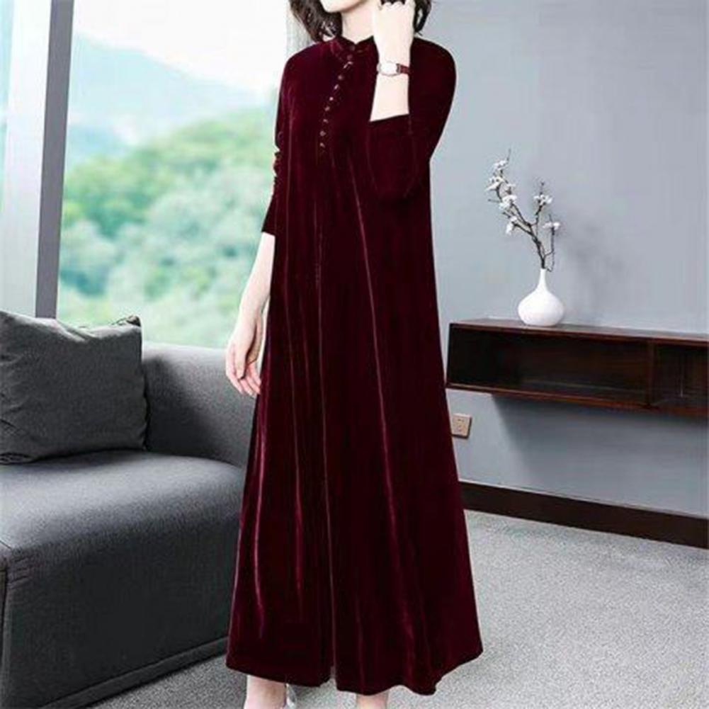 Women Fall Dress Solid Color Loose Long Sleeves Button Maxi Dress Keep Warm Velvet Mom Spring Dress Women Clothes