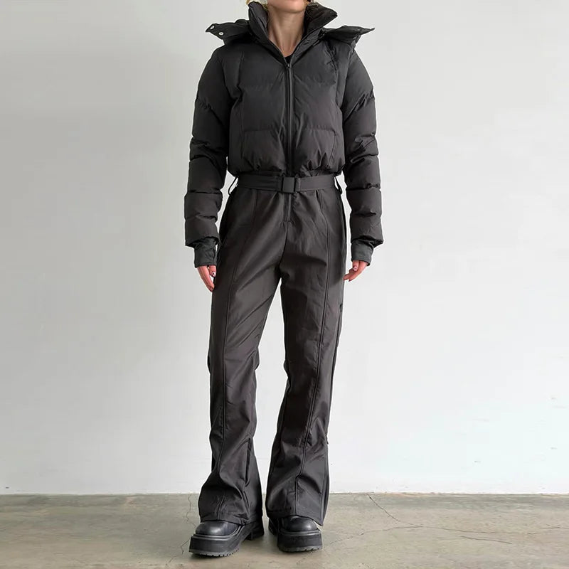 Women's Printed Hooded Ski Jackets Jumpsuit Sets Long Sleeve Zipper Short Coats Straight Leg Overalls 2026 Winter Lady Ski Suits