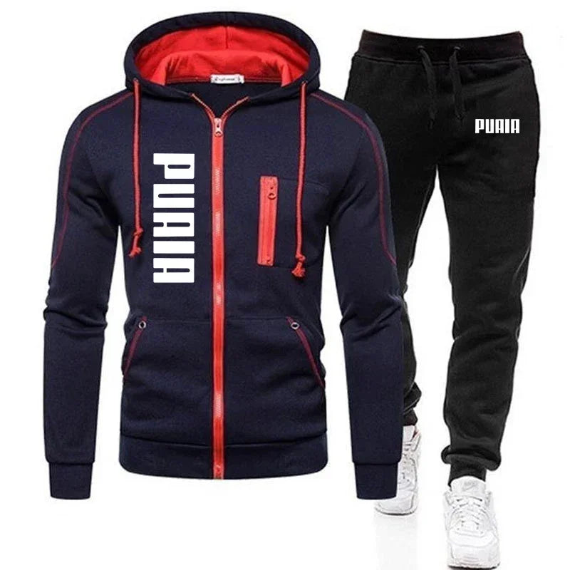 New autumn and winter thickened men's zipper jacket + pants two-piece set, fashionable outdoor jogging men's casual sportswear