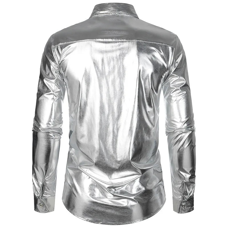 Men's Retro Gold Glossy Shirt American Casual Fashion Performance Shirts Solid Color Gorgeous Nightclub Male Shiny Tops