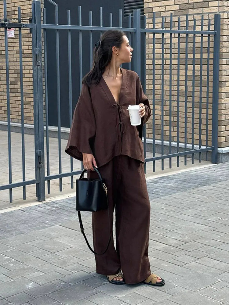 Solid One Shoulder Top Lantern Pants Set Women Chic Cotton Linen T-shirt Wide-leg Pants Suit Elegant Lady Summer Daily Outfits