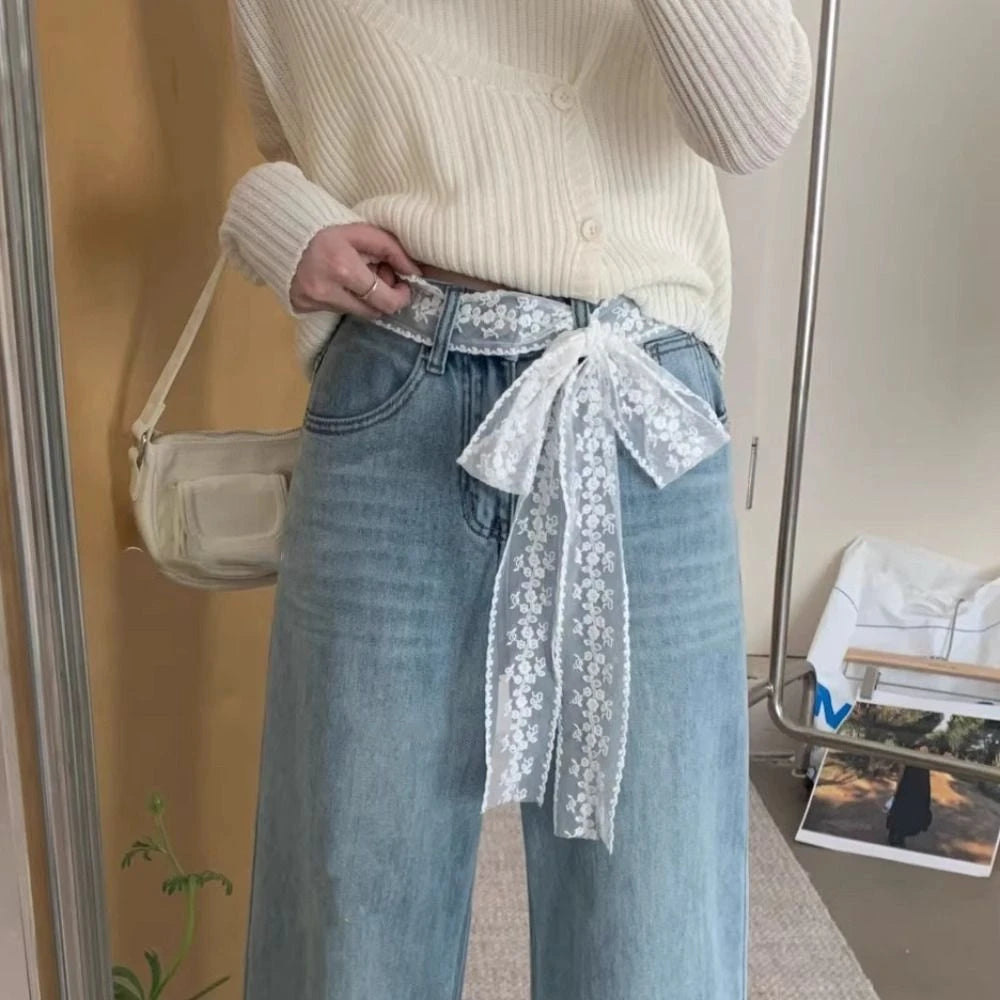 Korean Y2k Long Lace Waistband Floral Thin Lace Waist Belt Tie Up Bow Dress Jeans Belt Summer