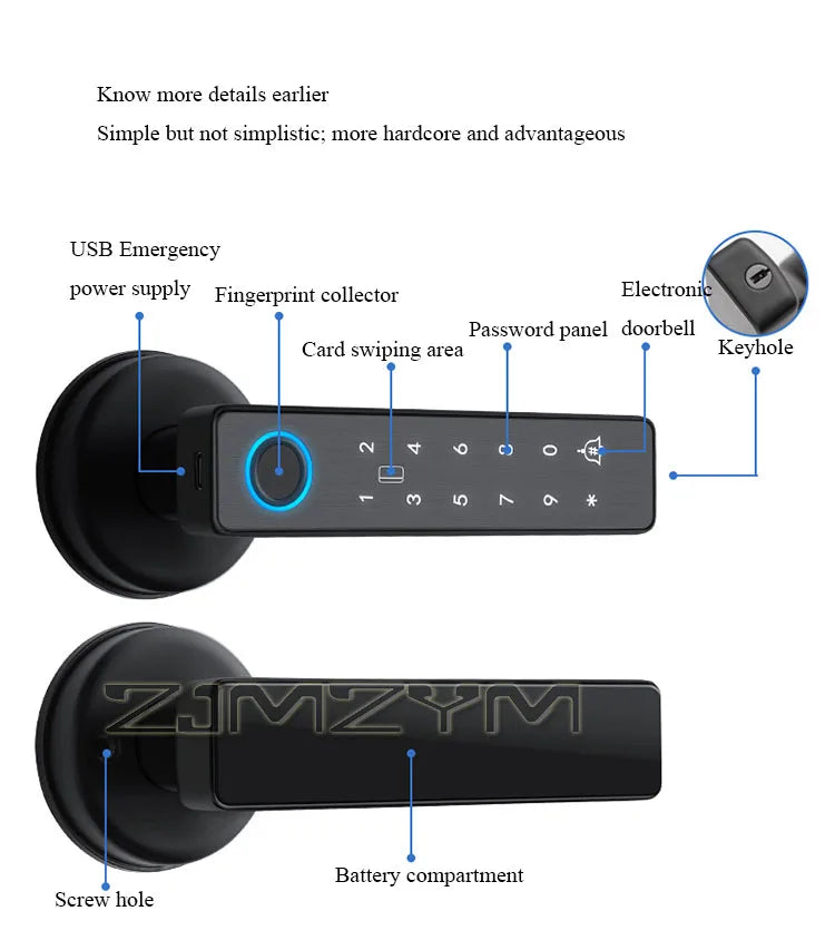 Tuya Smart Fingerprint Lock Financial Level Electronic Indoor Lock Handle Lock Support Password/Key/Bluetooth/APP Remote Unlock