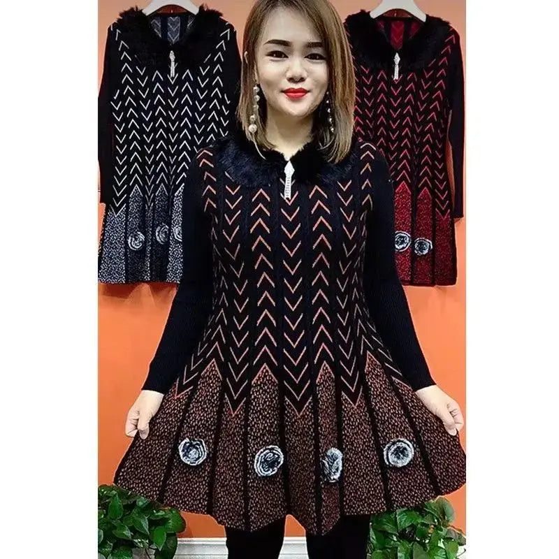 Autumn Winter New Mother Knitted Dress Large Size Thicken Loose Pullover Female Sweater Dress Mid-length Women Bottoming Shirts