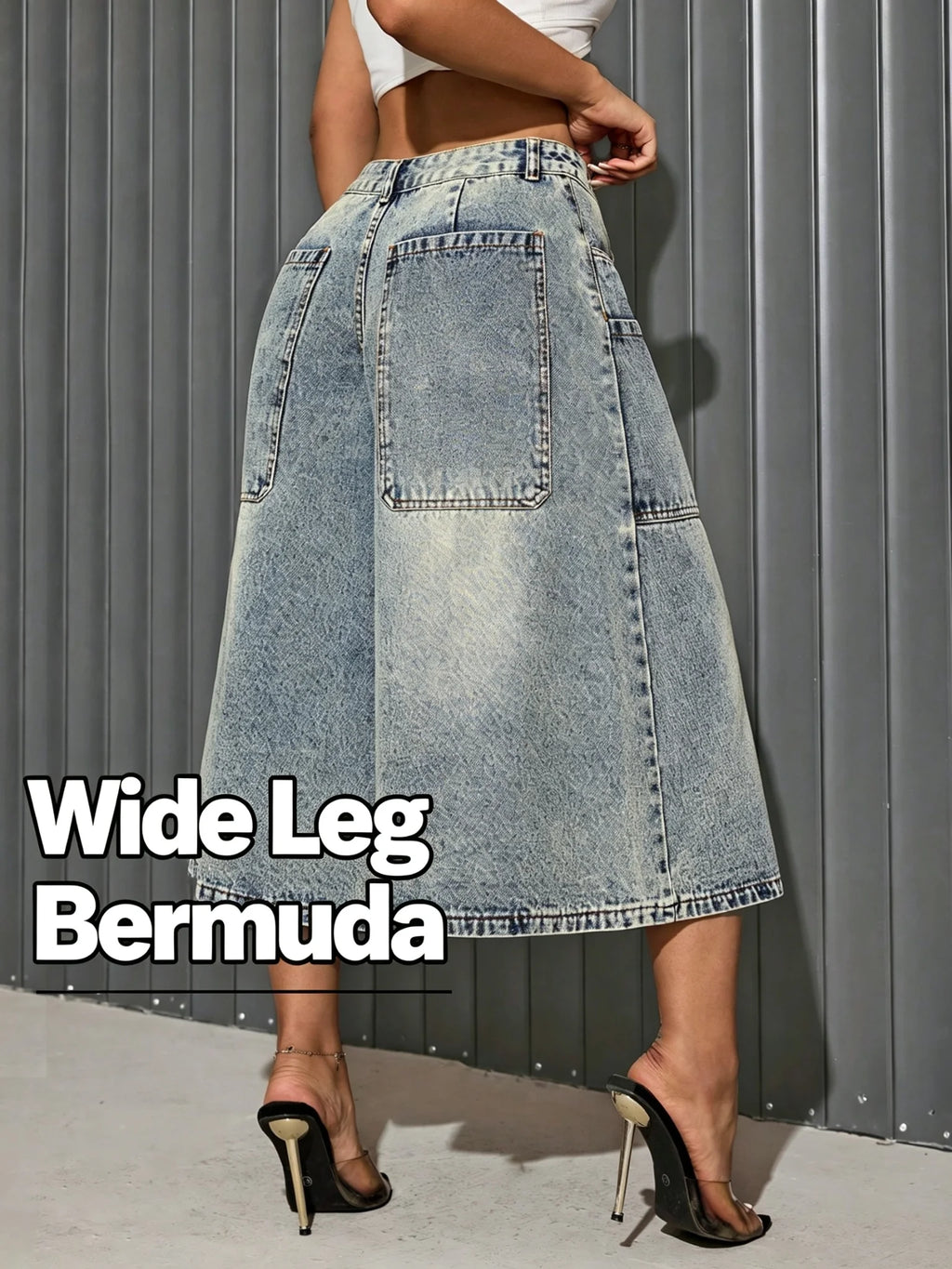 Women's Denim Shorts Mid Waist Wide Leg Faded Wash Multi Pockets Knee Length Loose Fit Vintage Casual Bermuda Jean Culottes