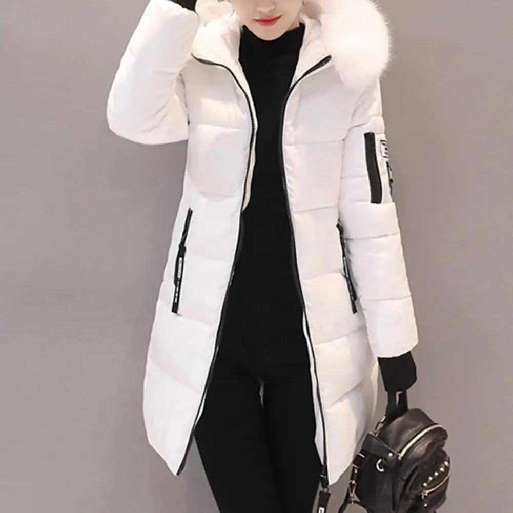 Fashion Women Winter Cotton Coat Parka Thickened Padded Stuffed Hooded Mid Length Warm Zip Up Slim Lady Down Coat Long Overcoat