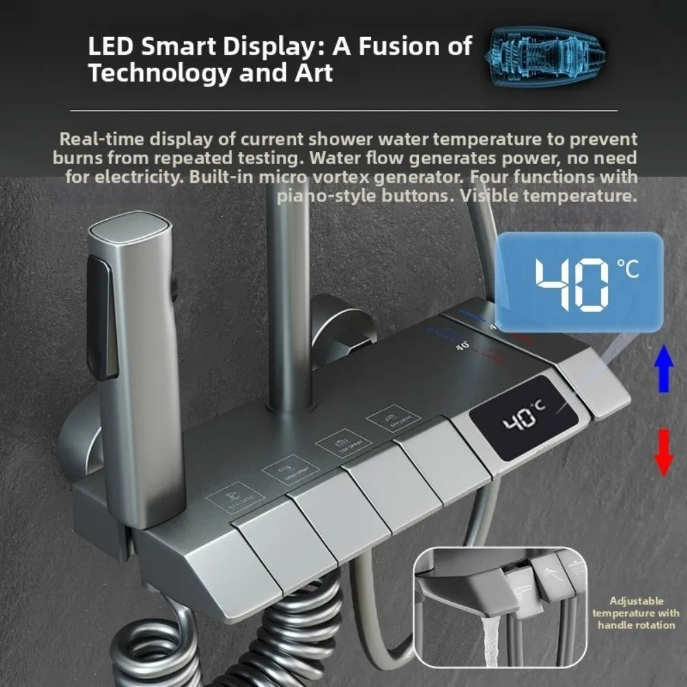 Grey Shower System Intelligent High Pressure Digital Shower Faucet Set Piano Button Temperature Display Rainfall Shower Set