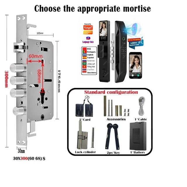 Tuya Wifi App Face Polyglot Electronic Door Lock Fingerprint Recognition Password Smart Digital Lock Key Card 6068 Mortise Lock