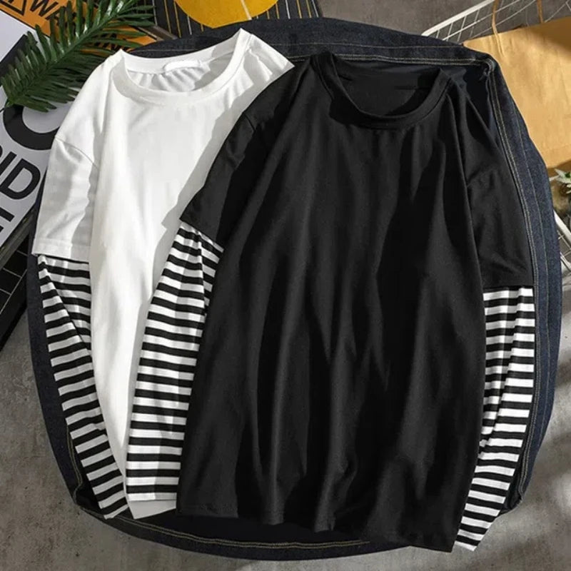 New Harajuku Black White Striped Y2K Long Sleeve Solid Color T-shirts Men Women Fall Fake Two Piece Long Sleeve Loose T-shirt