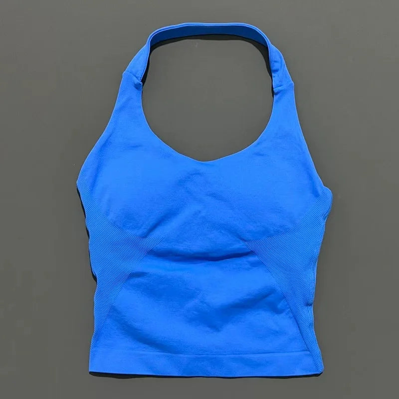 Halter Yoga Tank Top Women Sexy Seamless Strappy Backless Slim Fit Padded Breathable Gym Fitness Running Workout Sports Tops