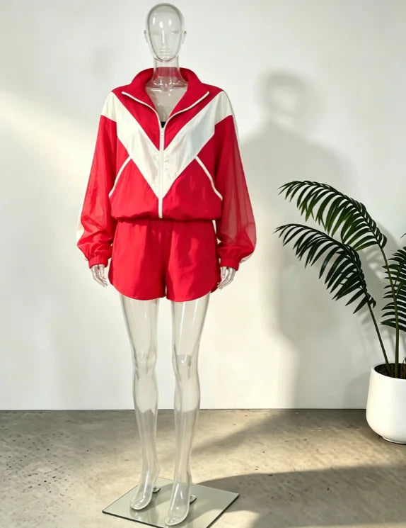 Lady'snavy Chevron Stripe Windbreaker Tracksuit Zip Cropped Jacket Contrast Trim Shorts 2026 Casual Sport Daily Jogging Street
