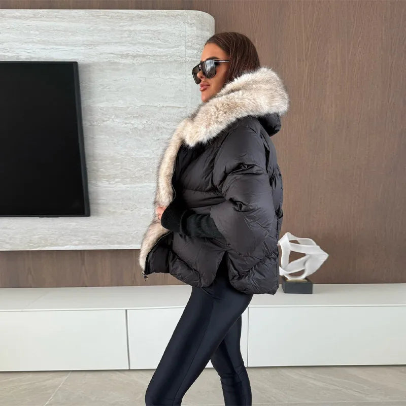 Fashion Women's Faux Fur Hooded Winter Jackets 2025 Warm Patchwork Zipper Full Sleeve Coats Puffer Female Solid Down Jacket