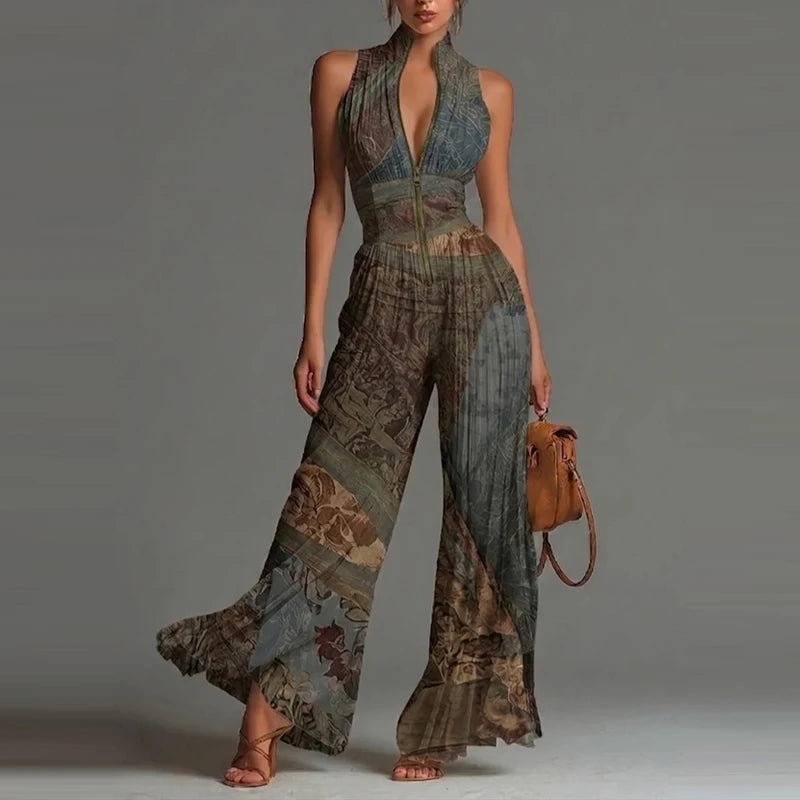 Elegant Stand Collar Zipper Long Jumpsuits Women's Casual Sleeveless Draped Party Rompers Fashion Printed Waist Summer Playsuits
