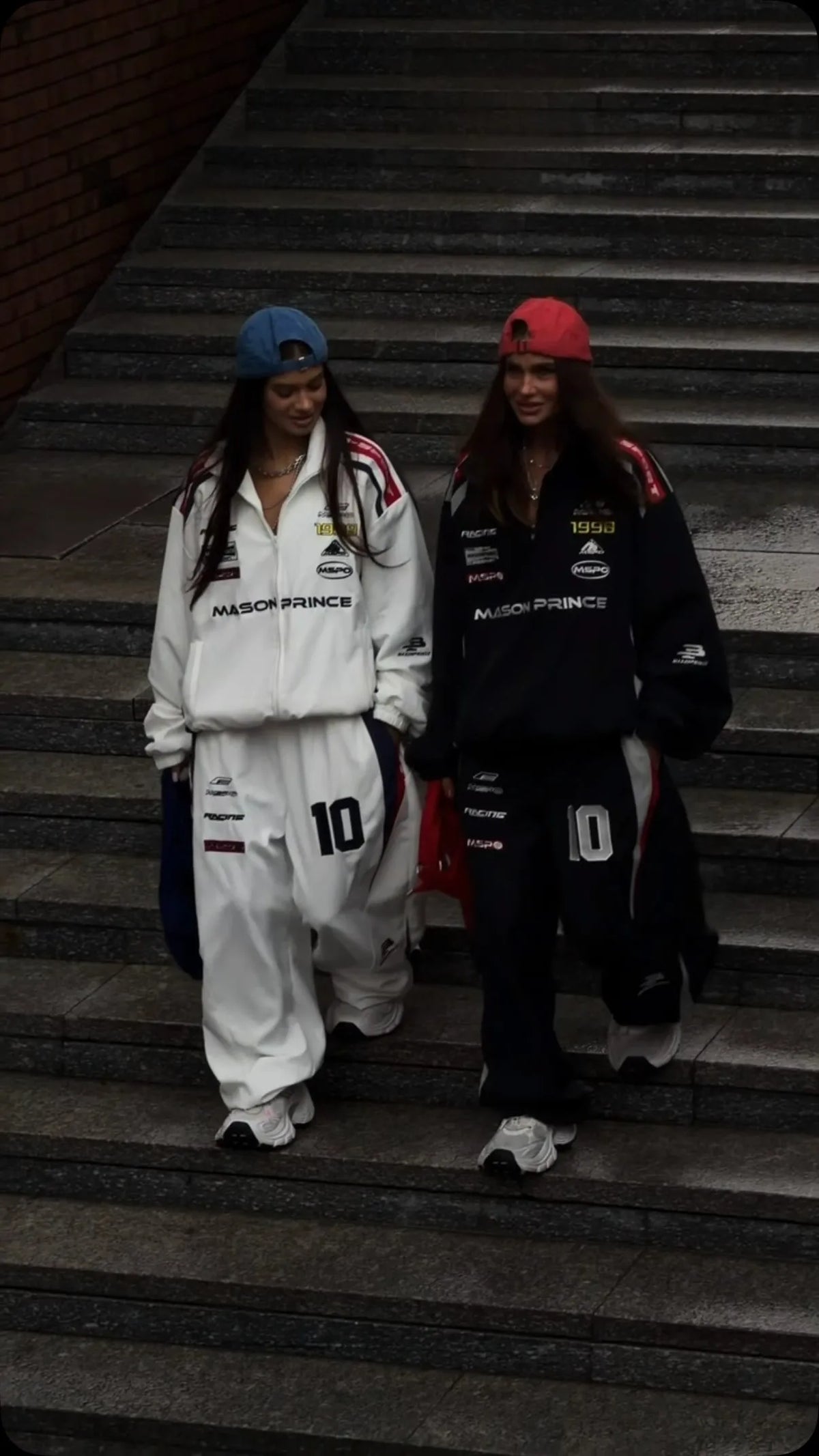 American White Racing Suit Set Women Red White Navy Blue Contrasting Embroidery Loose Jacket Wide Leg Sports Pants Two-piece Set