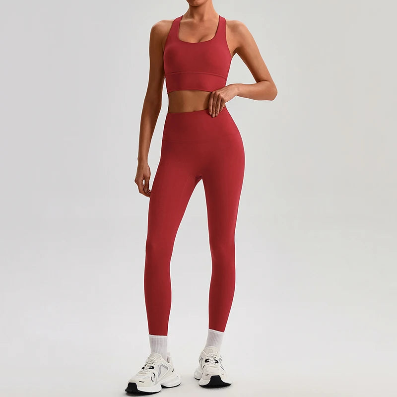 Naked Feel Yoga Set Women Fitness Sportswear 2 Piece Strappy Sports Bra High Waist Gym Leggings Workout Outfit Active Wear