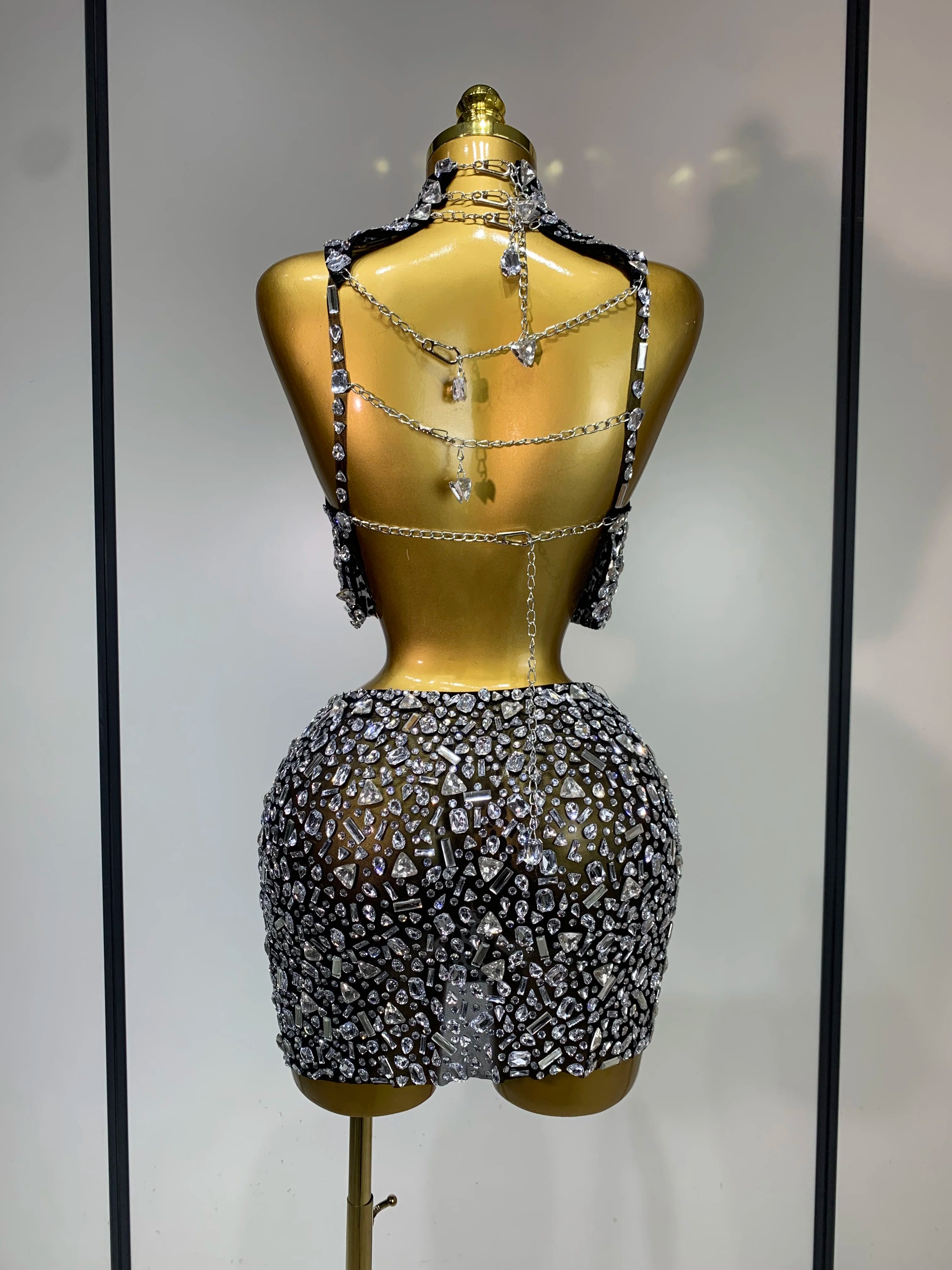 High Quality Sparkling Rhinestone Sexy See Through Blackless Top Skirt Two Pieces Set Woman Luxury Birthday Evening Party Gowns